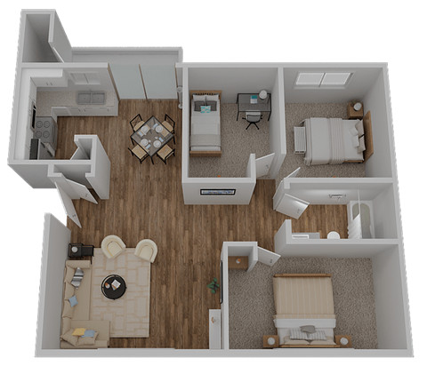 Floor plan for 3 beds, 1 bath, 932 sqft